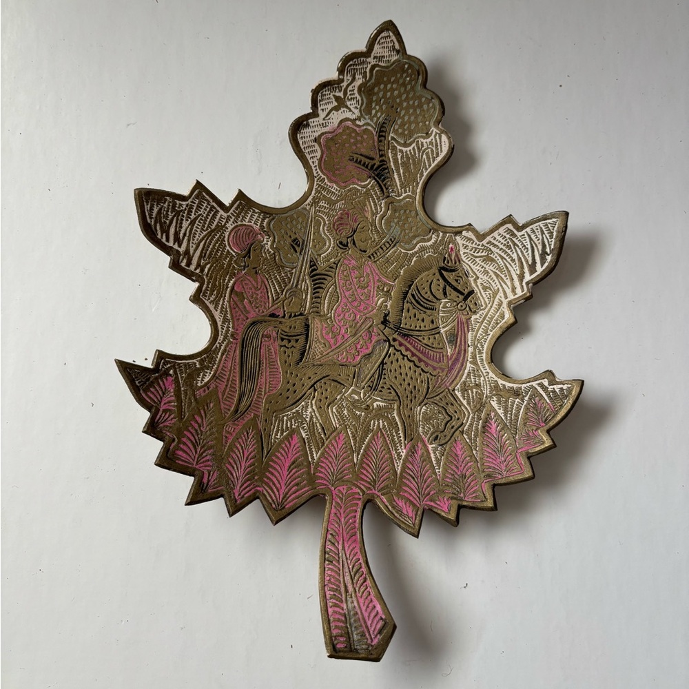 Vintage Brass Gold and Pink Leaf-Shaped Wall Art